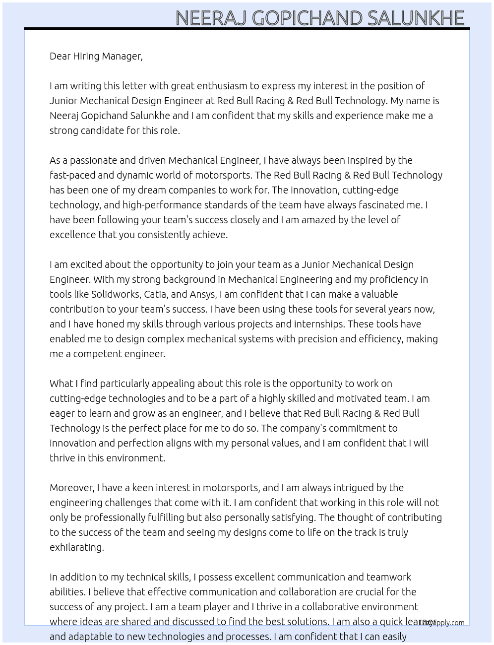 Junior Mechanical Design Engineer At Red Bull Racing & Red Bull Technology Cover Letter