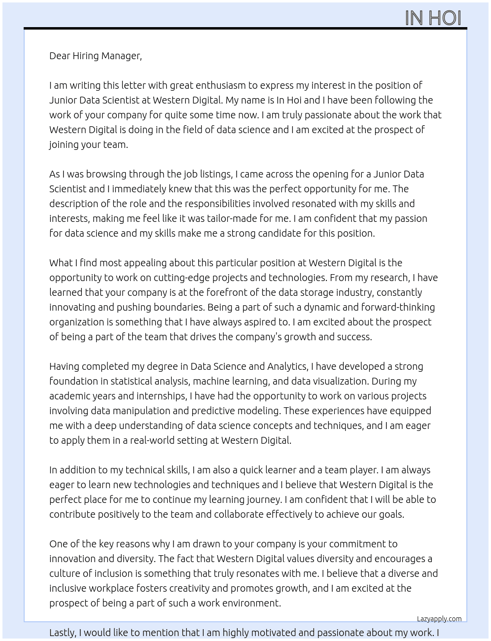 Junior Data Scientst At Western Digital Cover Letter