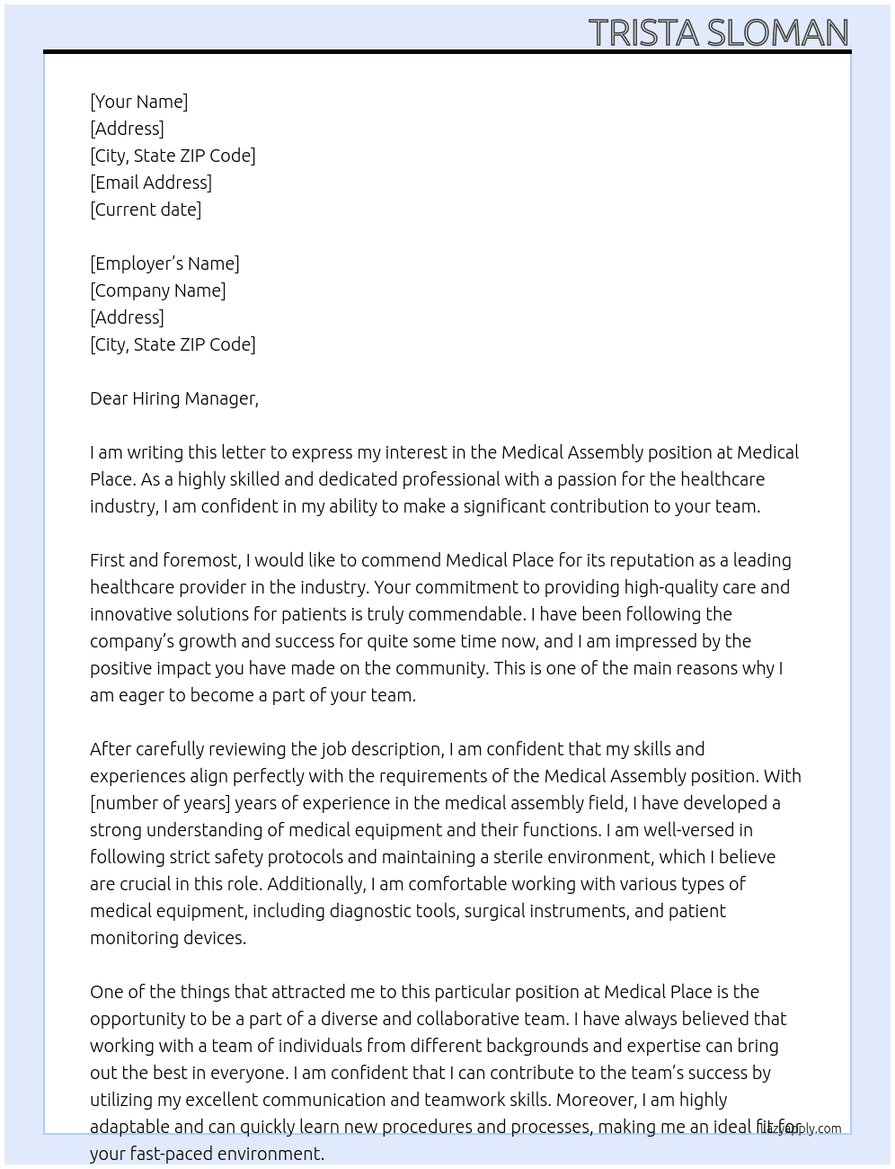 medical assembley At medical place Cover Letter