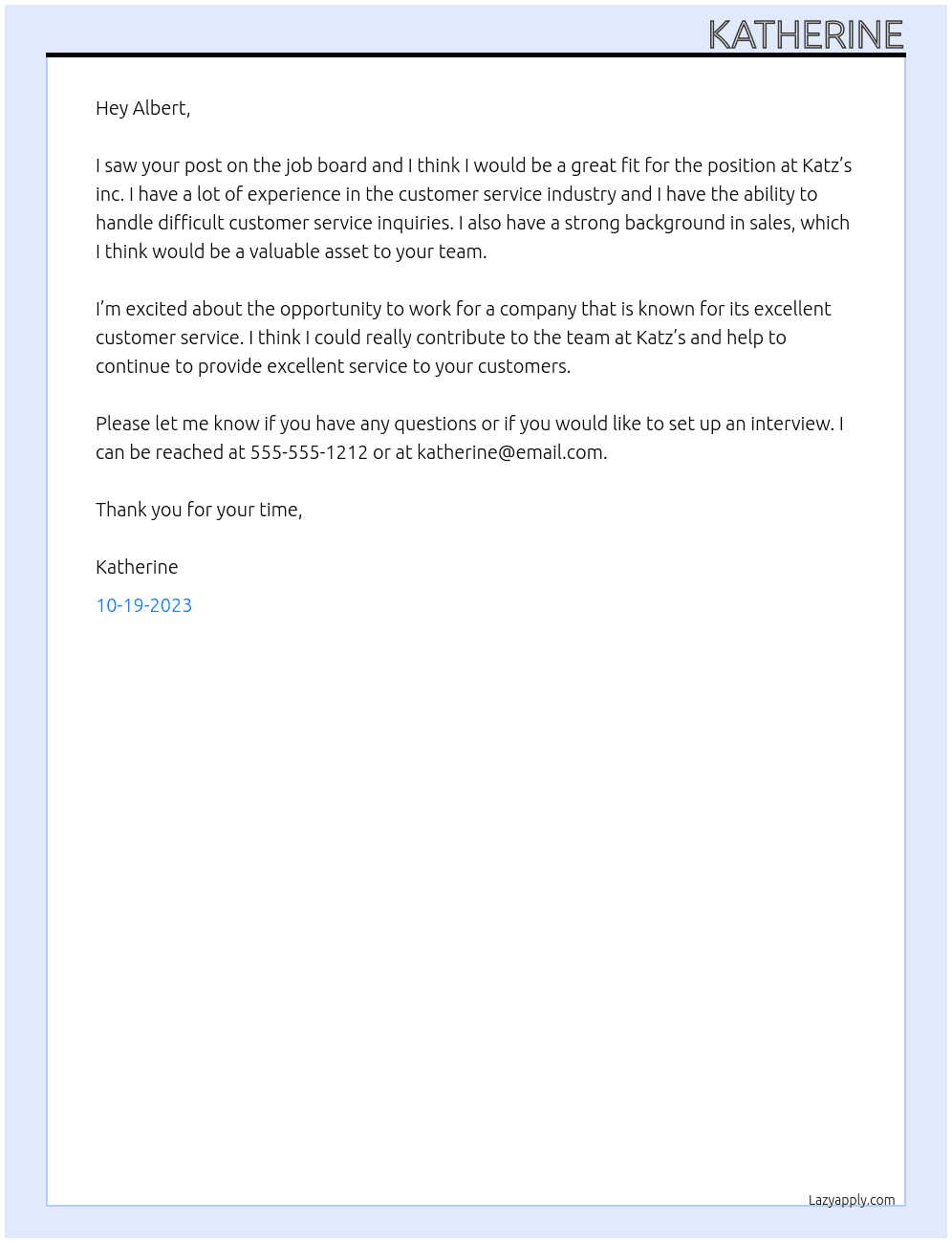 Katz’s inc. At Rich’s  Cover Letter