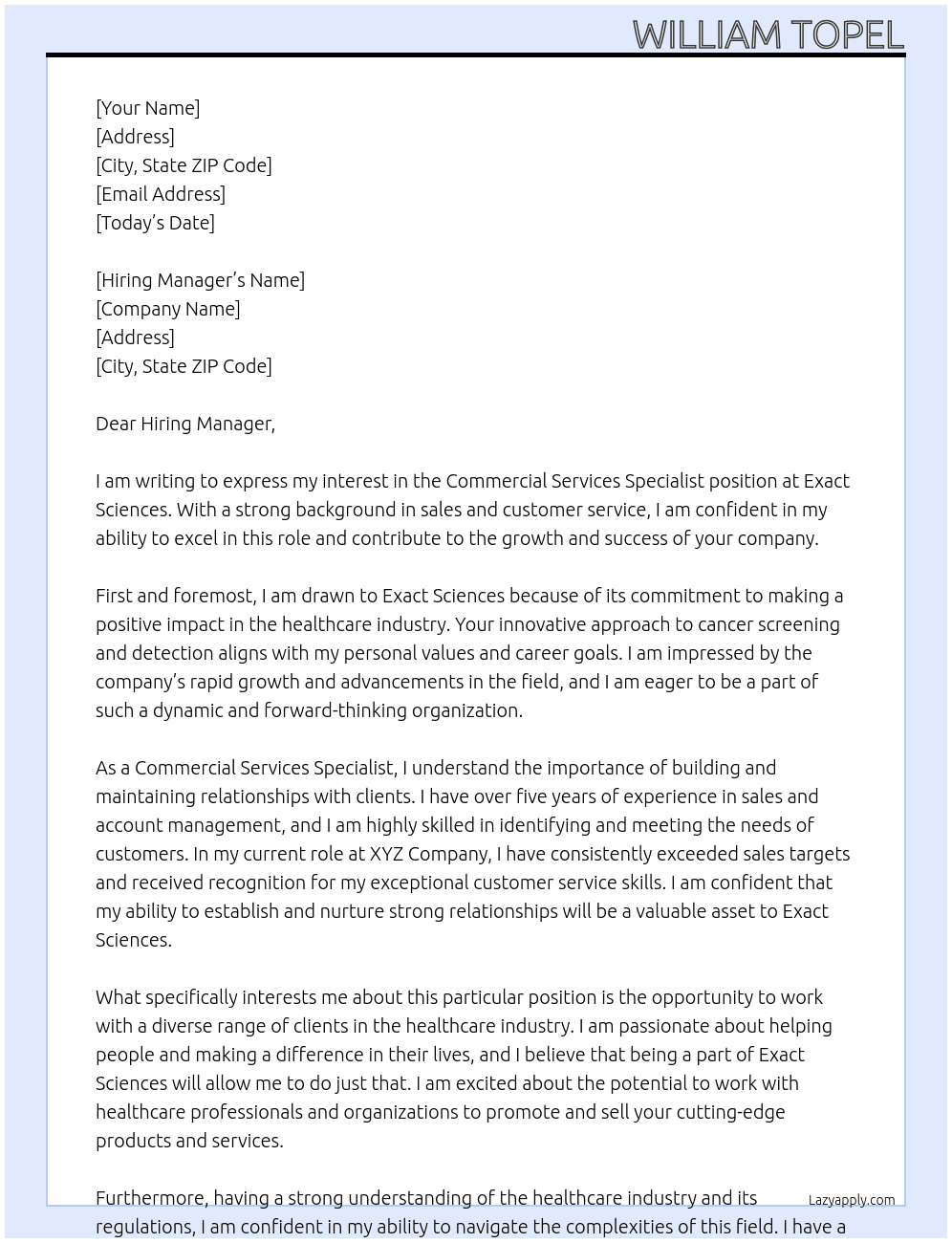 Commercial Services Specialist At Exact Sciences Cover Letter