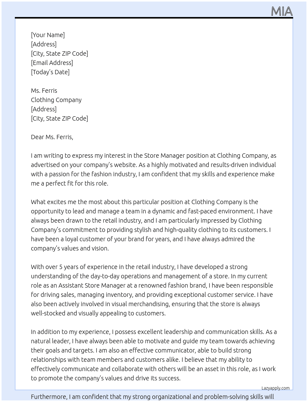 Store Manager  At Clothing Company  Cover Letter