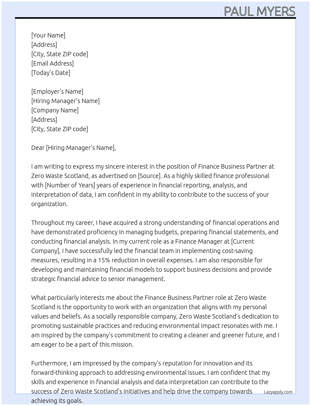 Finance Business Partner At Zero Waste Scotland Cover Letter