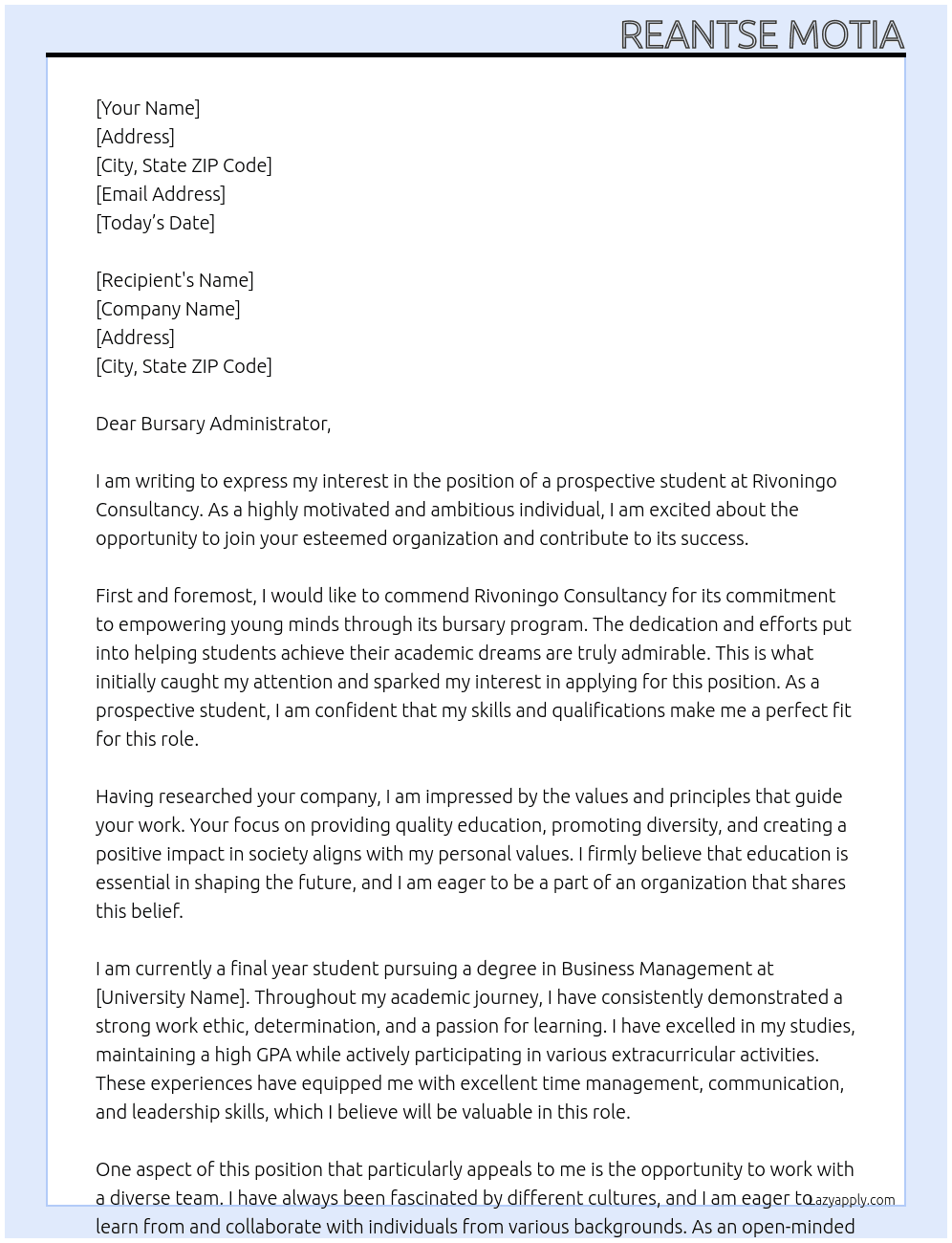 prospective student At Rivoningo Comsultancy Cover Letter