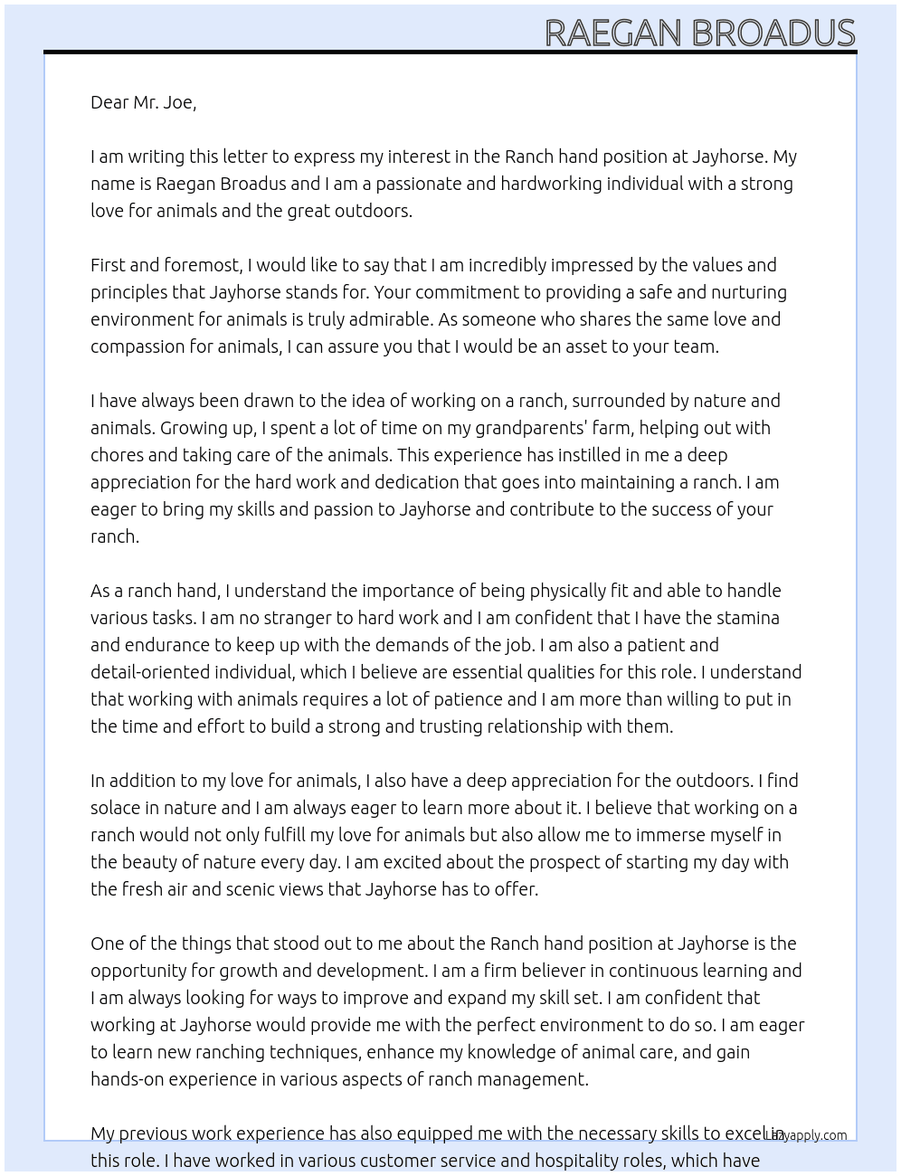 Ranch hand At Jayhorse Cover Letter