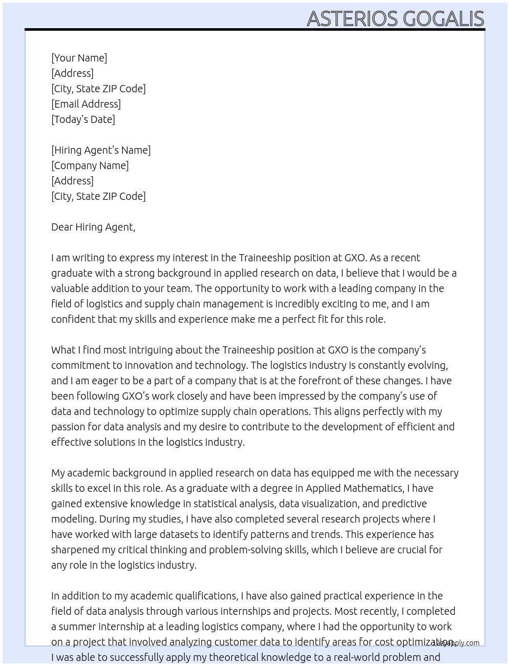 Traineeship  At GXO Cover Letter