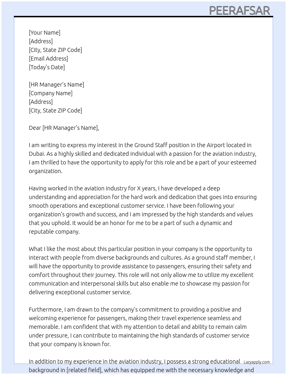 Ground staff  At Airport  Cover Letter