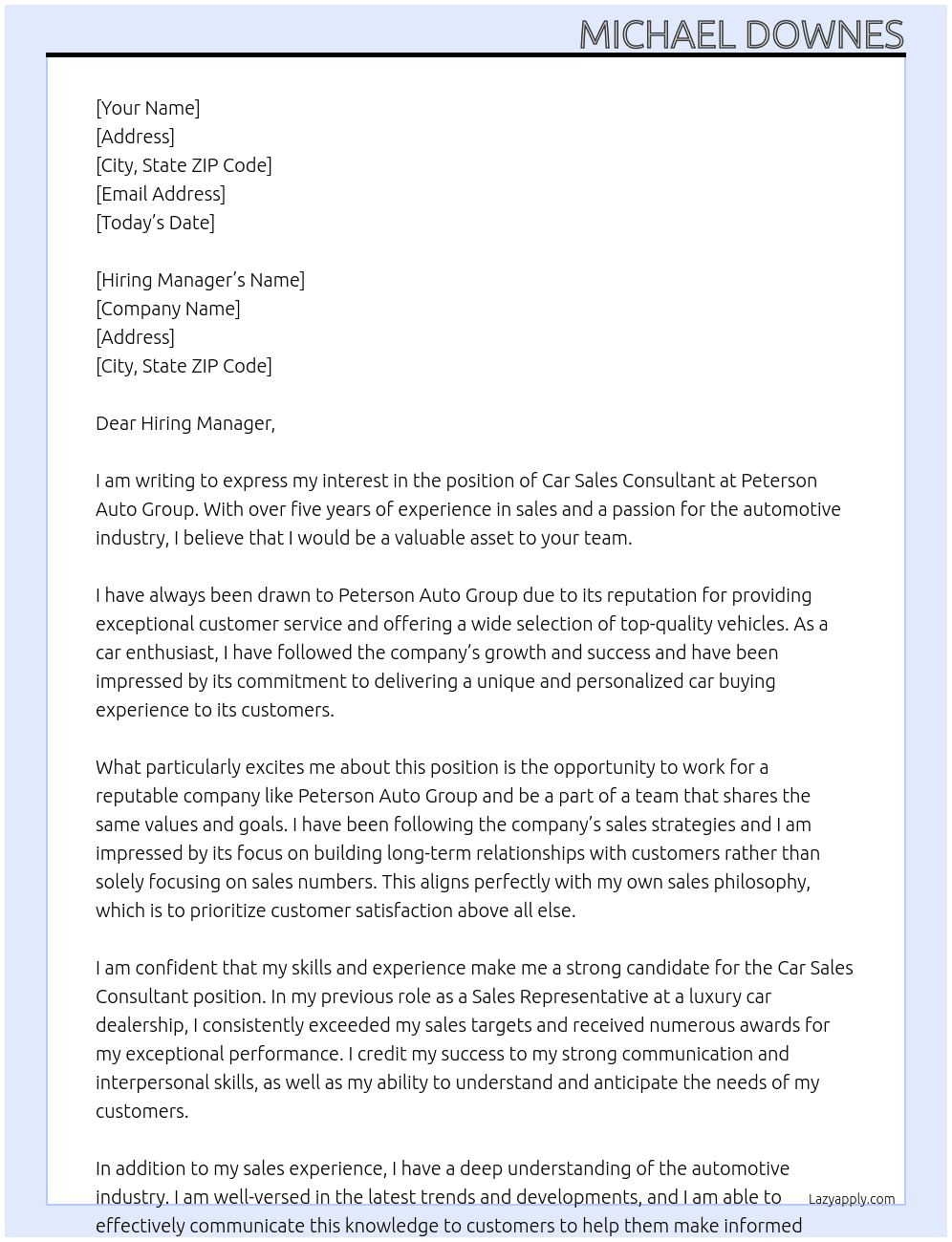Car sales consultant  At Peterson auto group Cover Letter