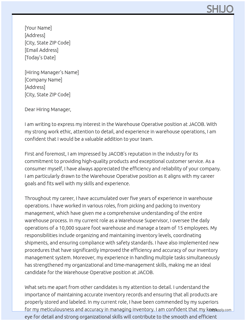 warehouse Operative At JACOB Cover Letter
