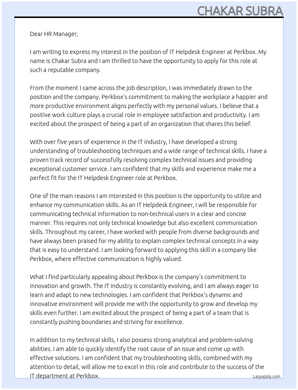 IT Helpdesk Engineer At Perkbox Cover Letter