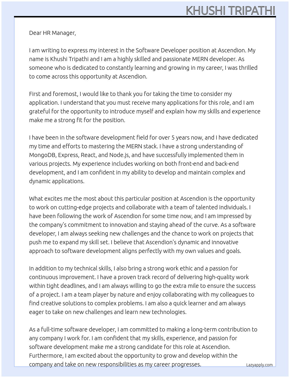 Software Developer At Ascendion Cover Letter