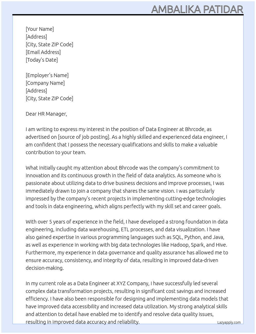 Data Engineer  At Bhrcode Cover Letter
