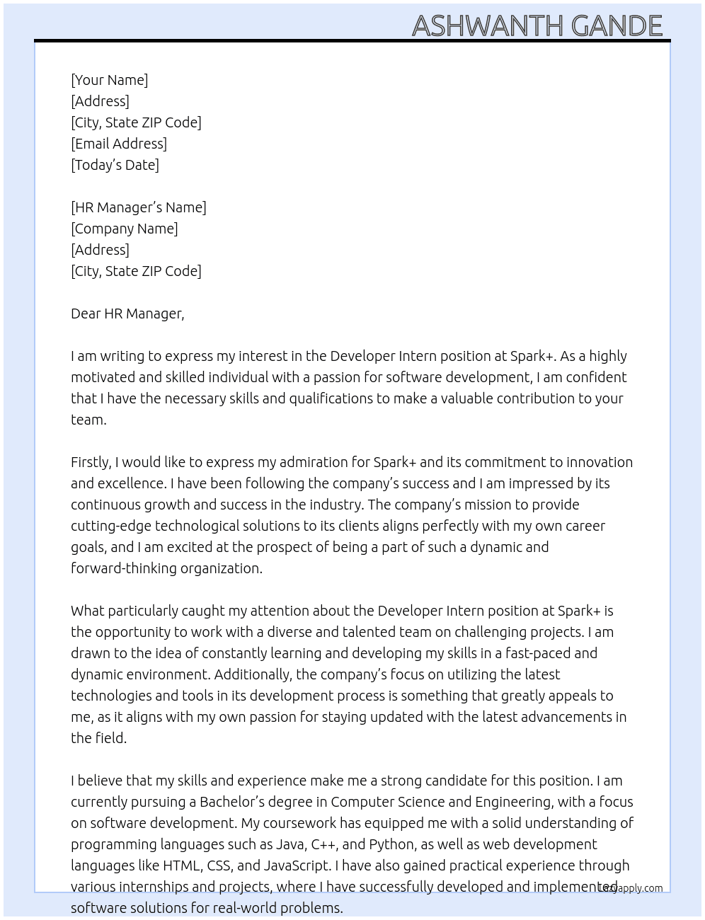 Developer intern  At Spark + Cover Letter