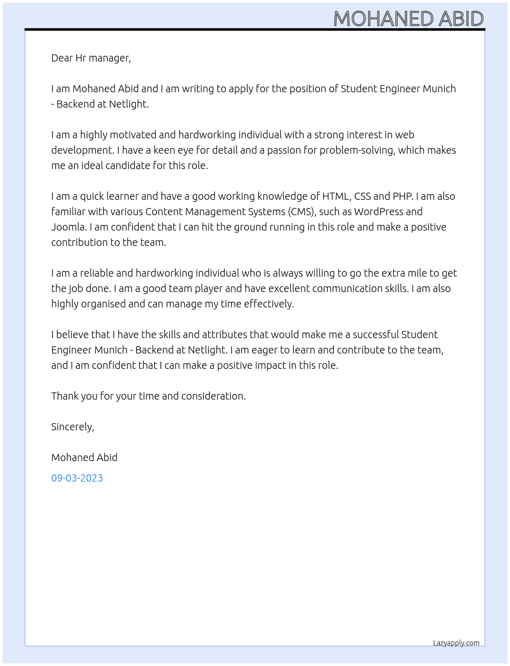 Student Engineer Munich - Backend At Netlight Cover Letter