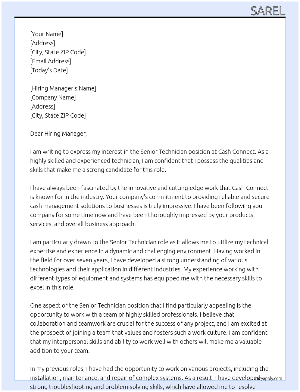 Senior Technician  At Cash Connect Cover Letter