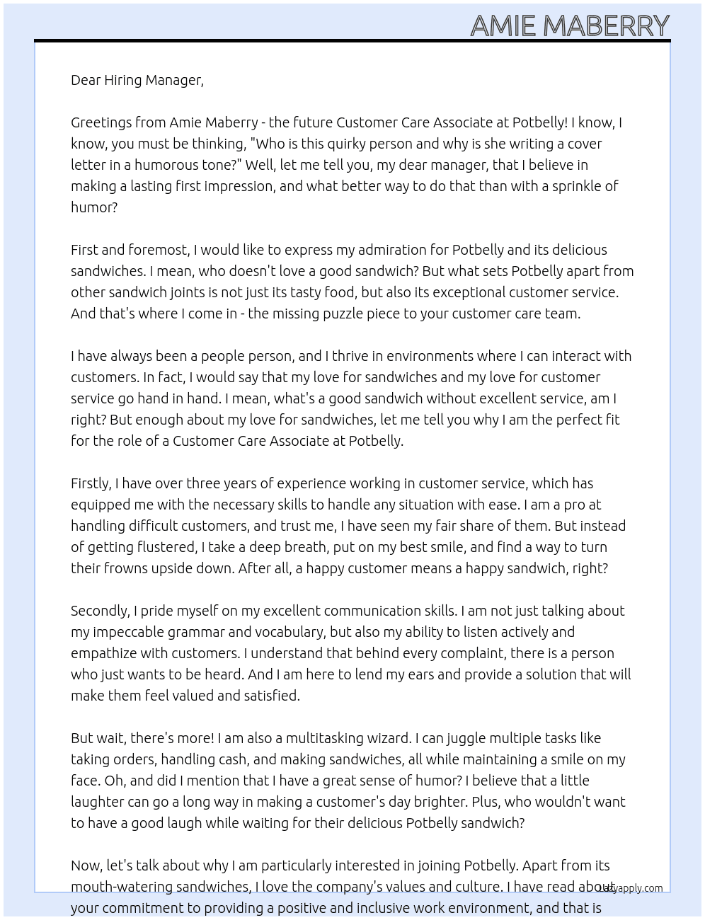 Customer Care Associate At Potbelly  Cover Letter