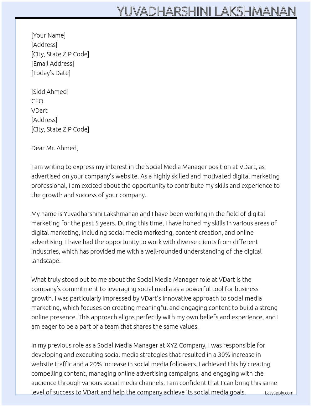 social media manager At VDart Cover Letter
