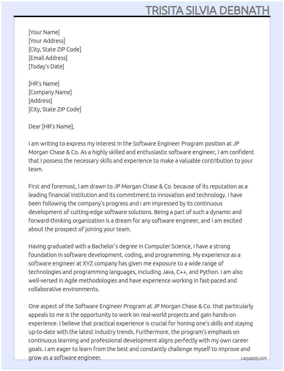 Software Engineer Program At JP Morgan Chase & Co. Cover Letter
