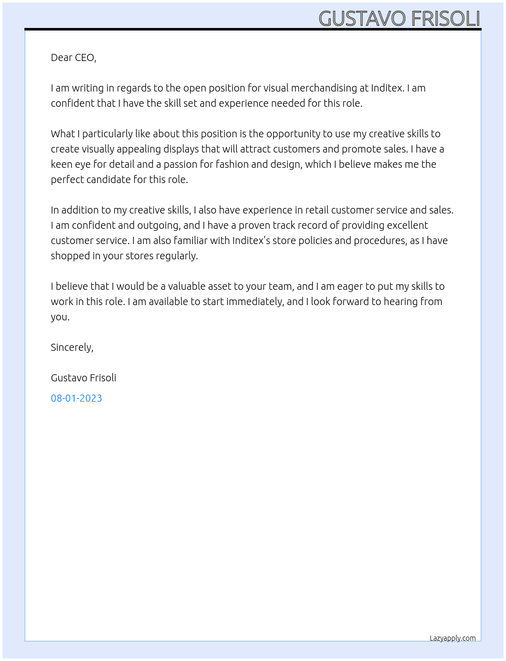visual merchandising At Inditex Cover Letter