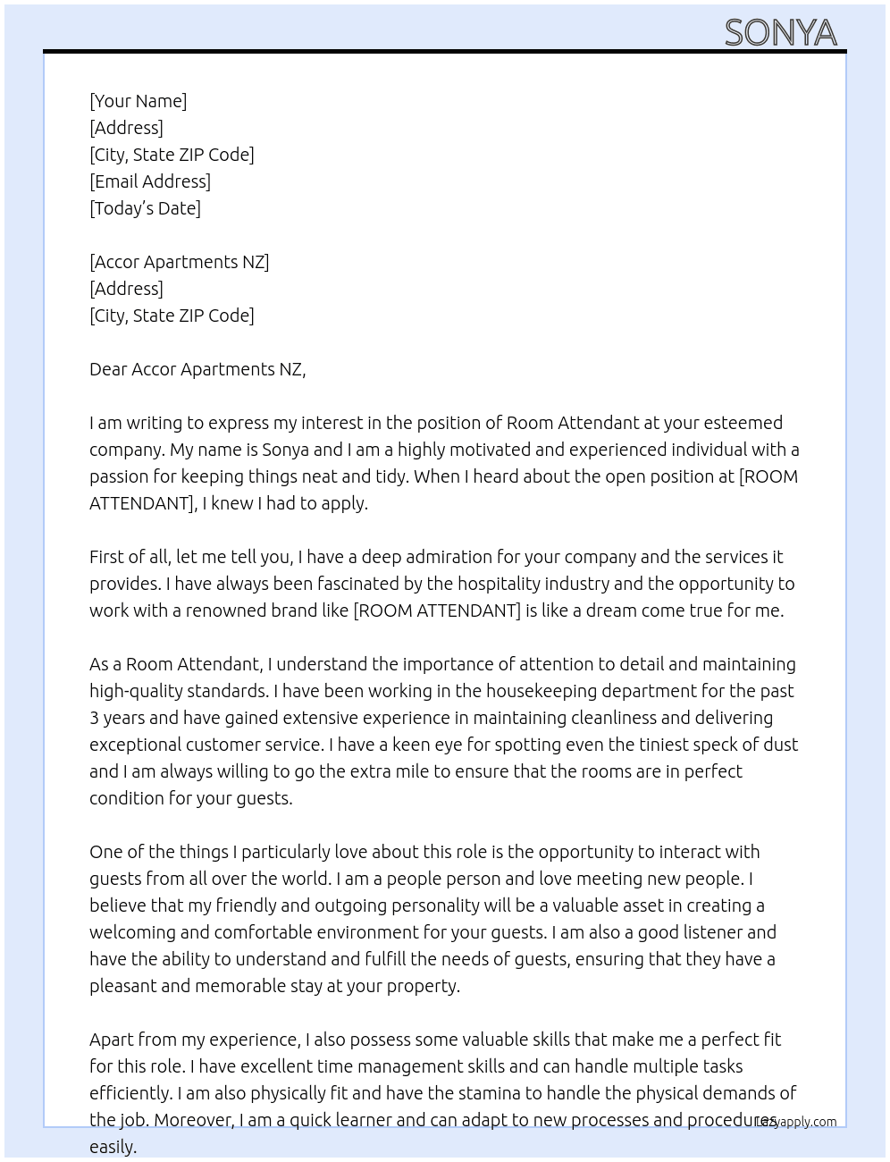 Room attendant  At ROOM ATTENDANT  Cover Letter