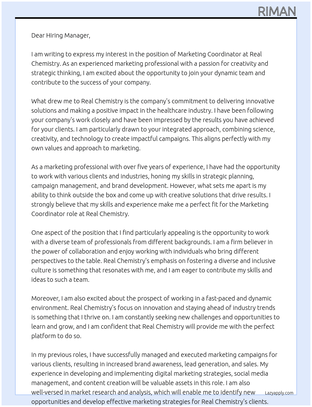 marketing Coordinator  At Real Chemistry Cover Letter