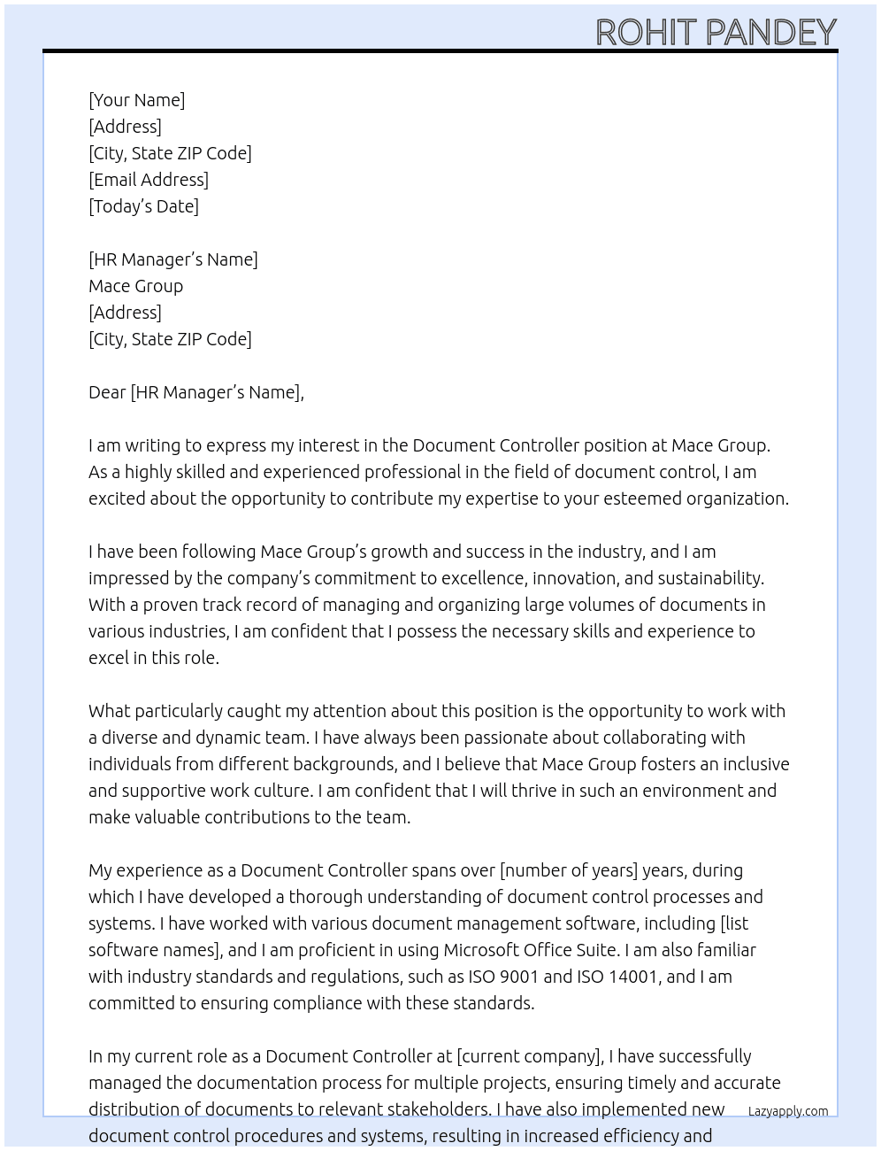 Document Controller At Mace Group Cover Letter