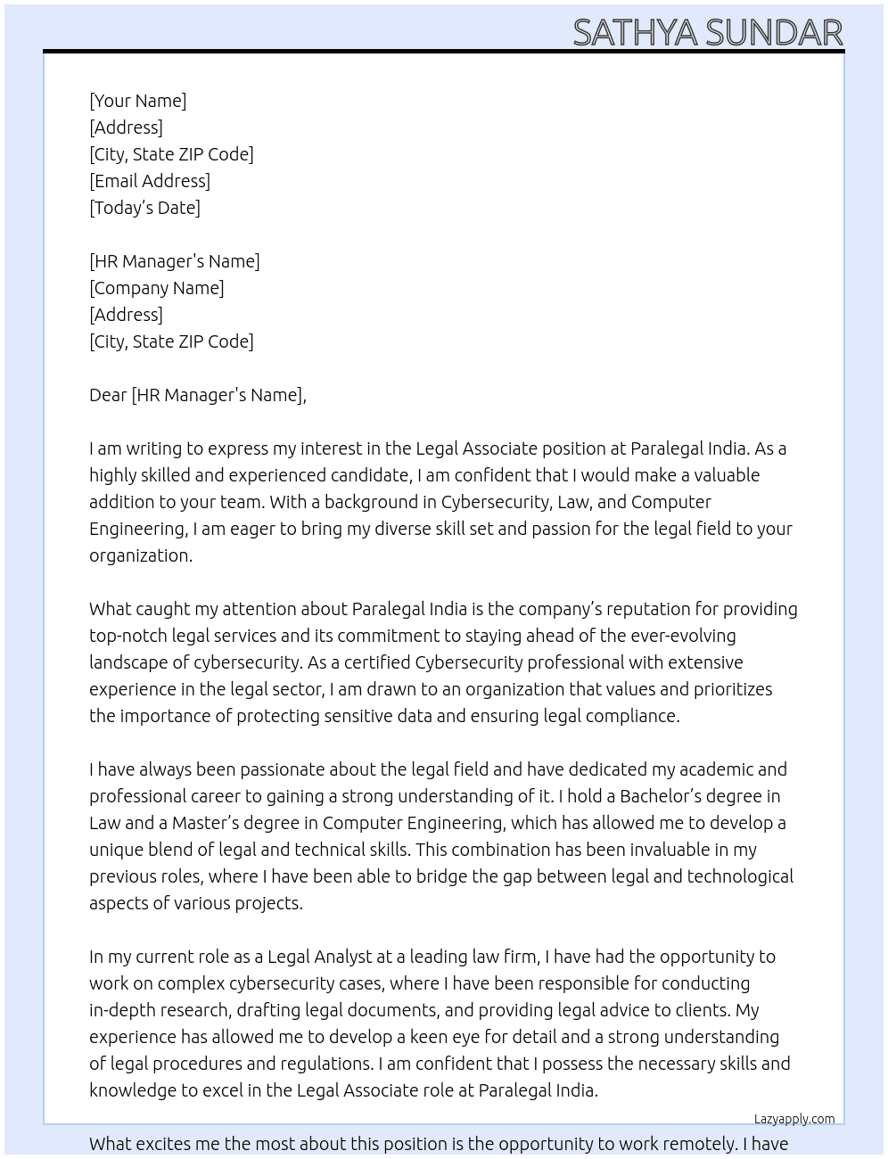 Legal Associae At Paralegal India Cover Letter