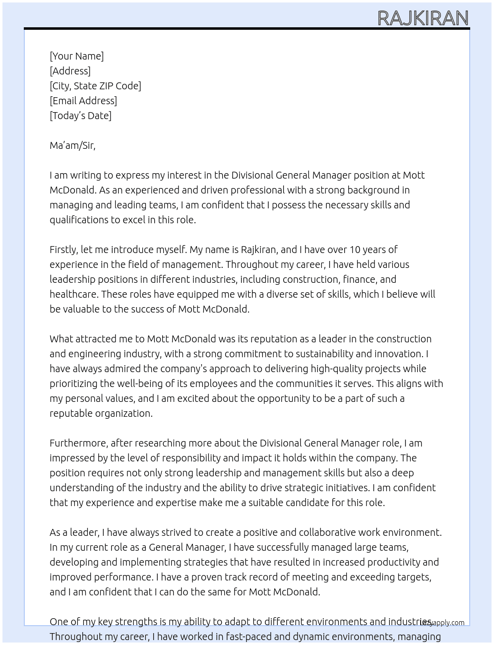 Divisional General Manager At Mott McDonald Cover Letter