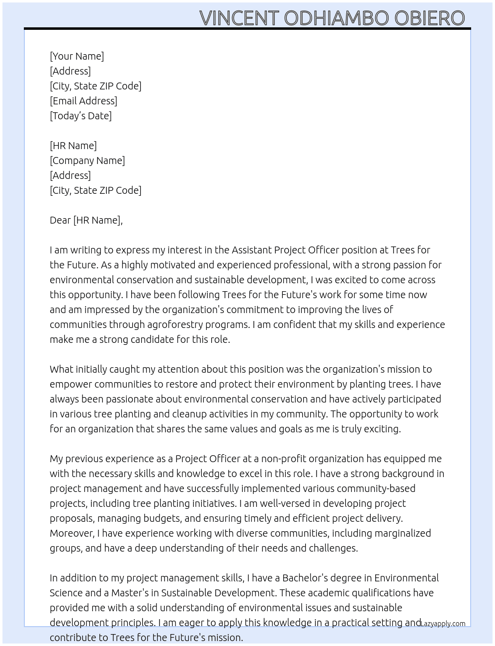 Assistant project officer  At Trees for the future  Cover Letter