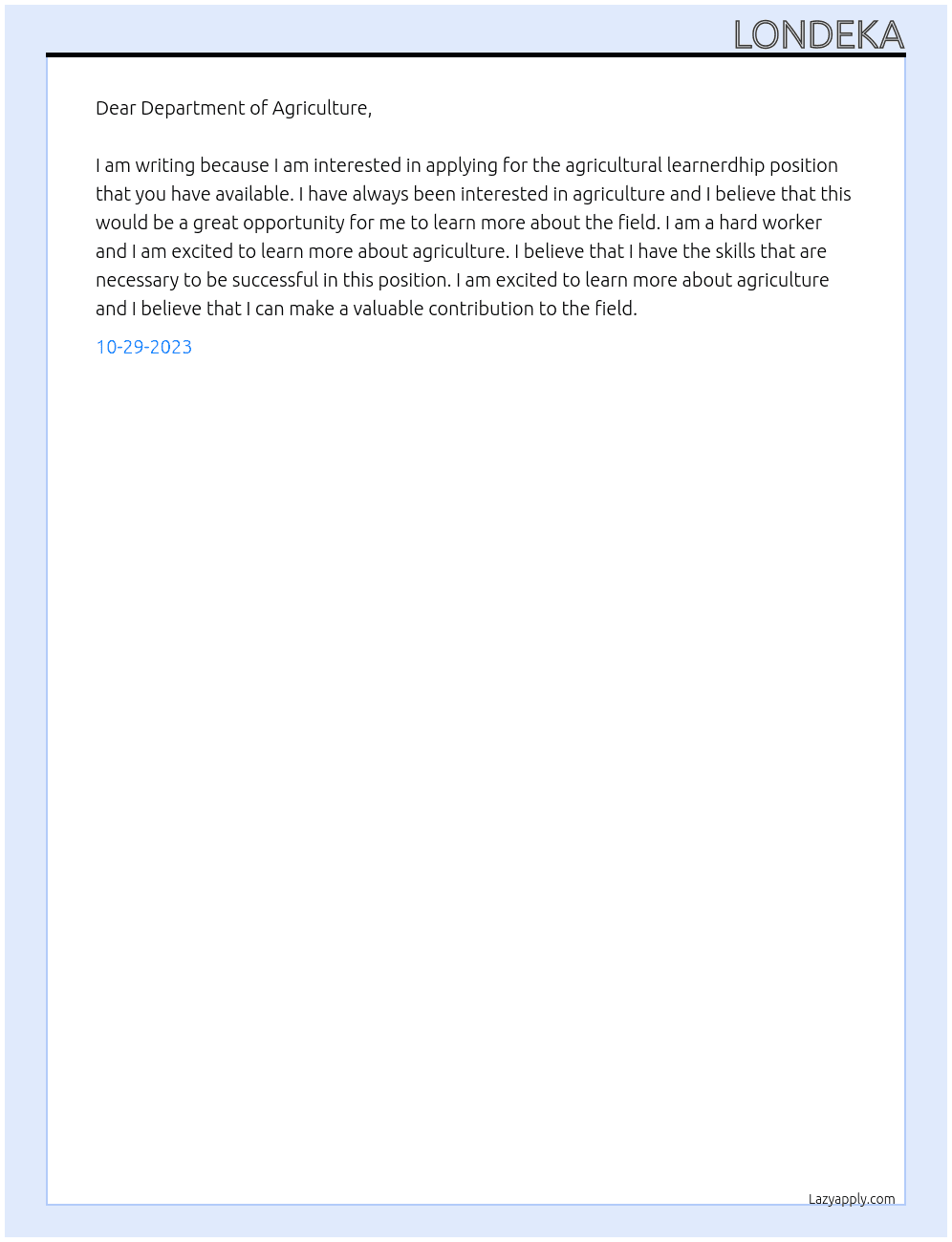 Applying for agricultural learnerdhip At Agricultural learnership Cover Letter