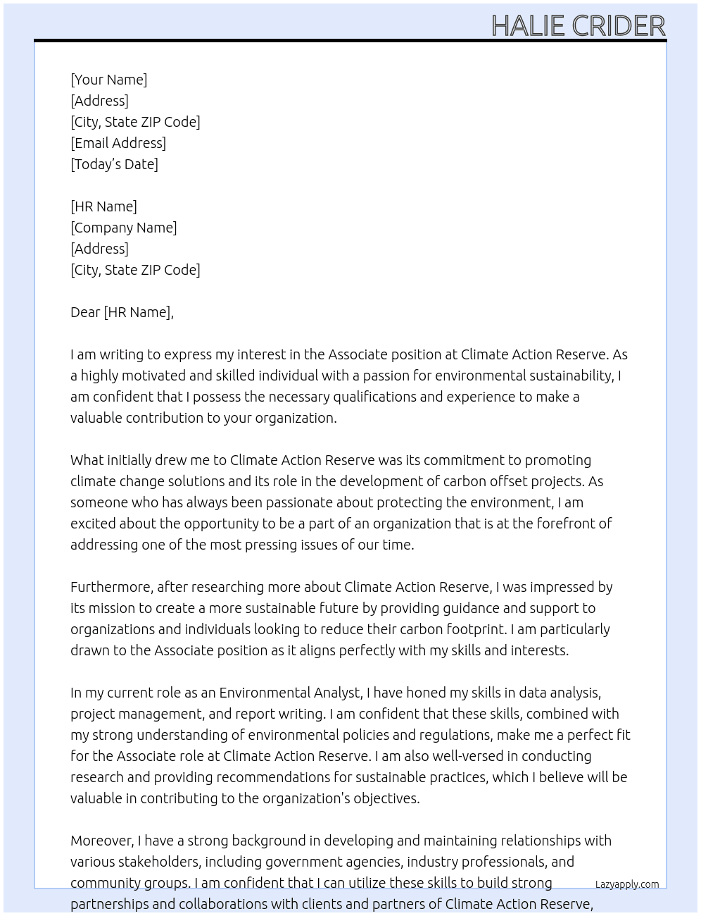 Associate At CLIMATE ACTION RESERVE  Cover Letter