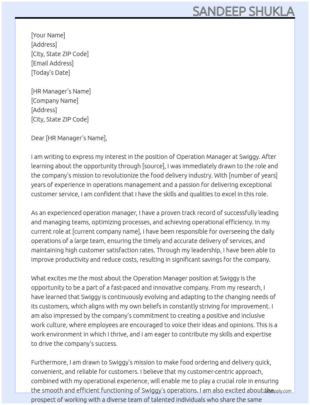 Operation Manager At Swiggy Cover Letter