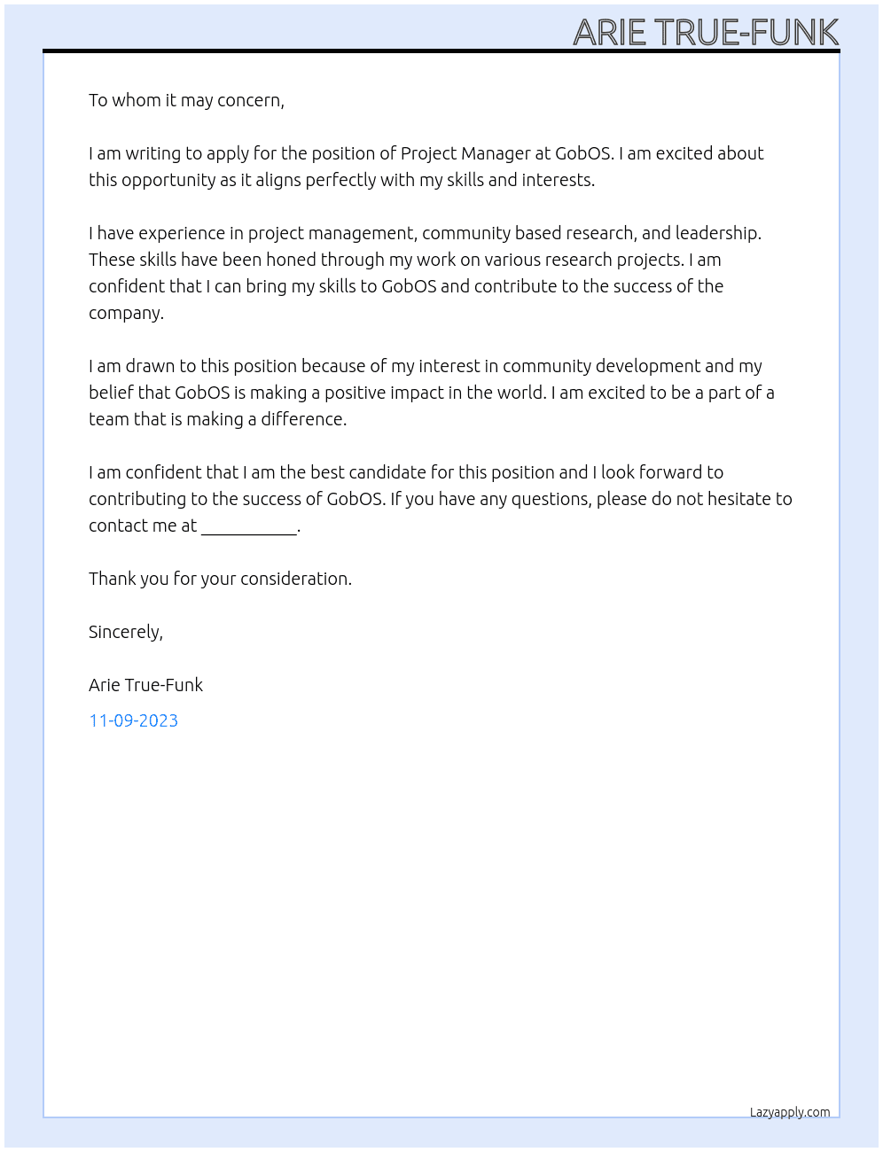 Project Manager At GobOS Cover Letter