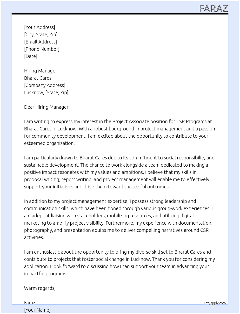 Project Associate- CSR Programs – Lucknow At bharat cares Cover Letter