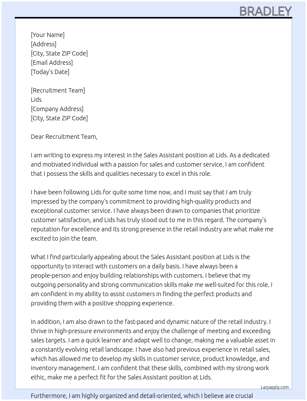 Sales Assistant  At Lids Cover Letter