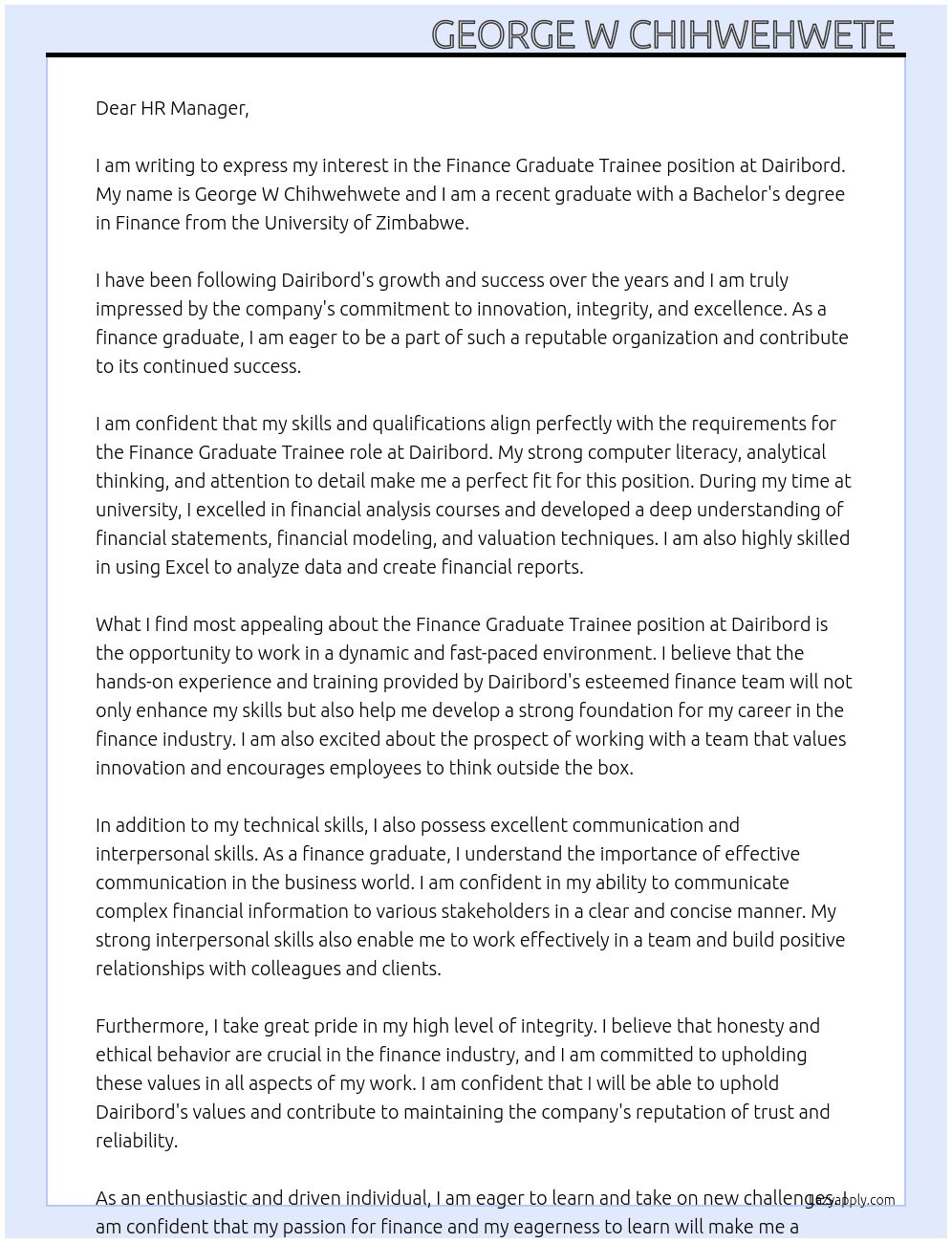 Finance graduate trainee  At Dairibord Cover Letter