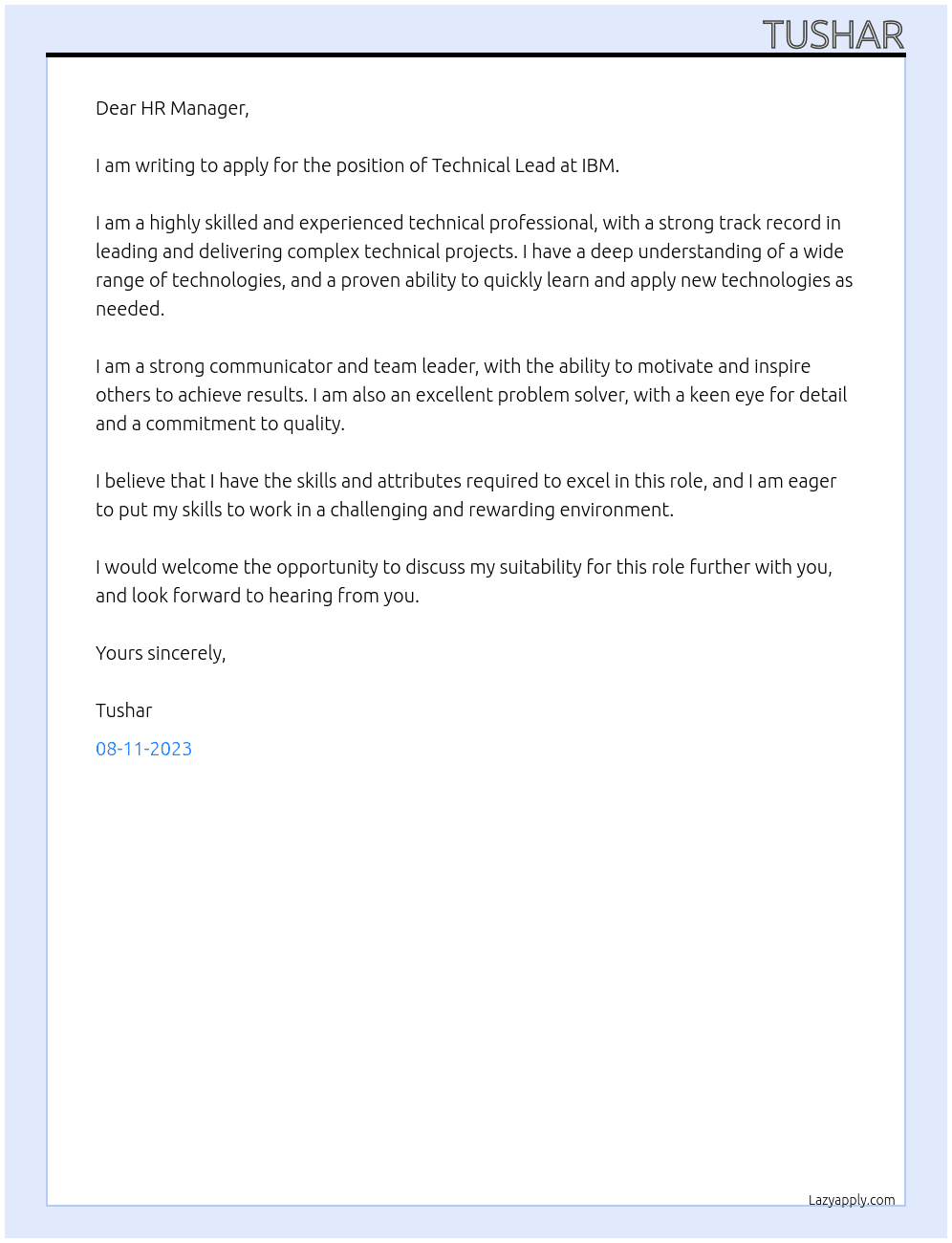 Technical Lead At IBM Cover Letter