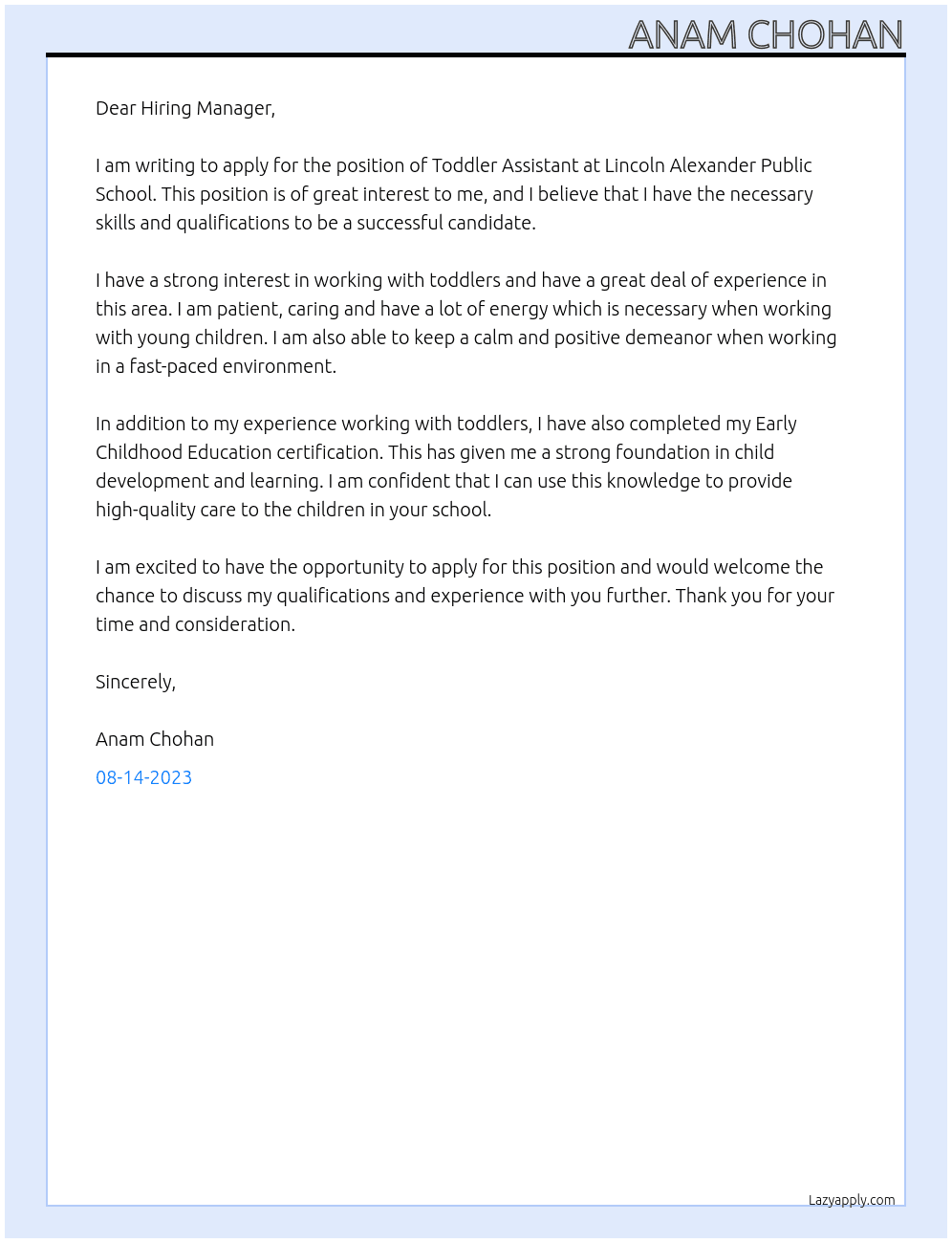 Toddler Assistant At Lincoln Alexander Public School Cover Letter