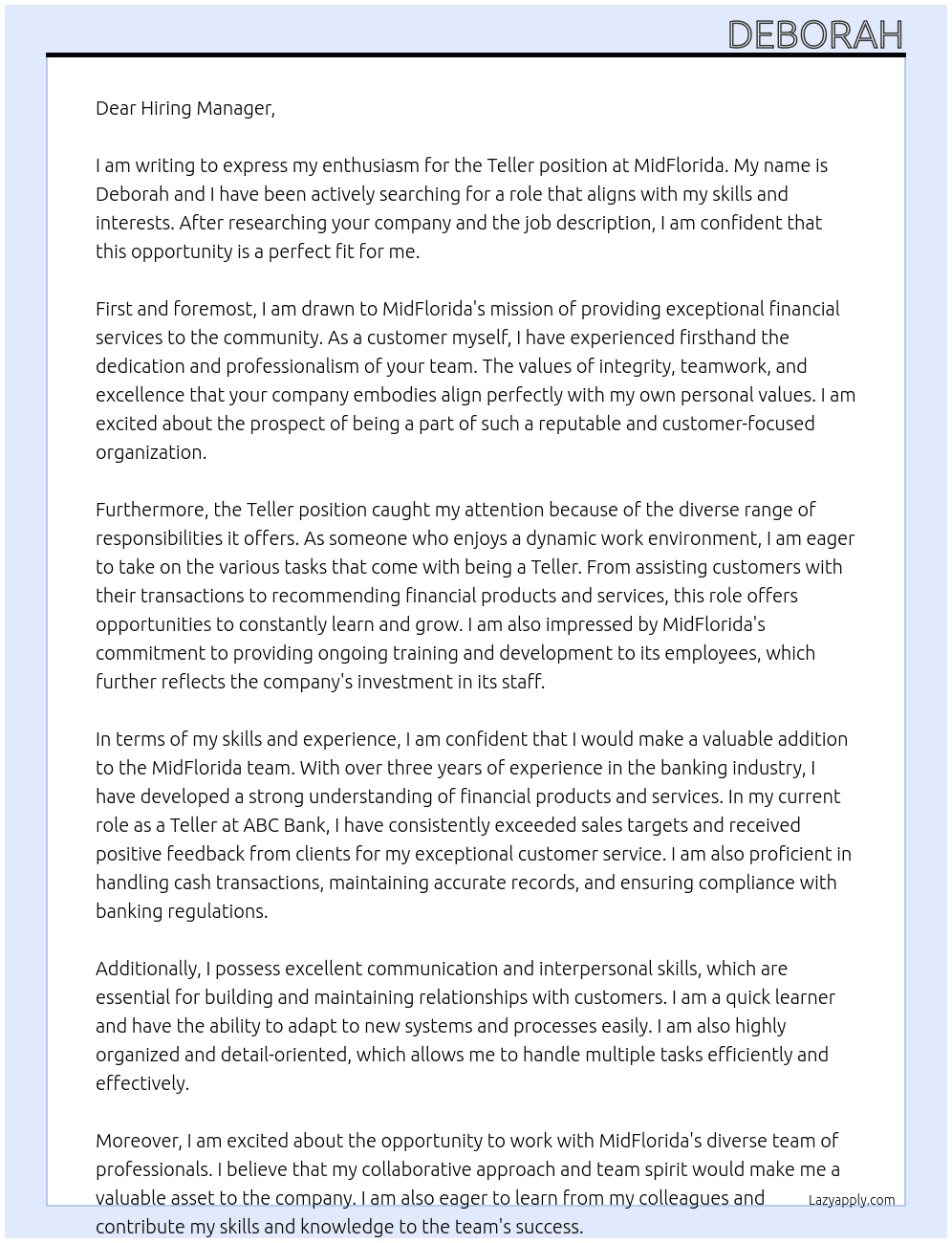 Teller At MidFlorida Cover Letter