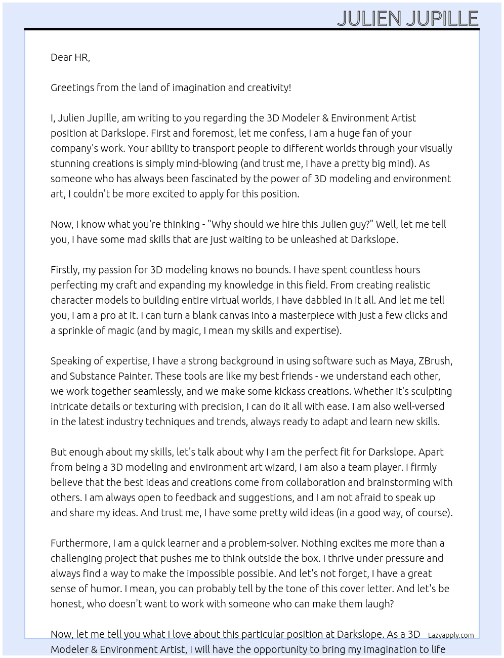 3D Modeler & Environment Artist At Darkslope Cover Letter