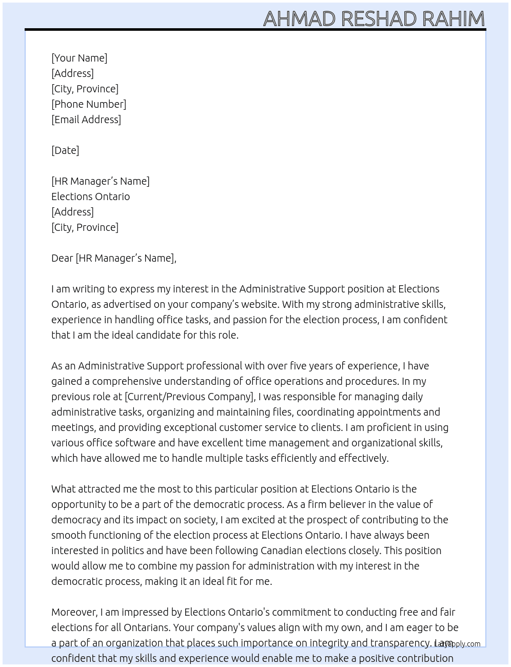 Administrative Support  At Elections Ontario  Cover Letter