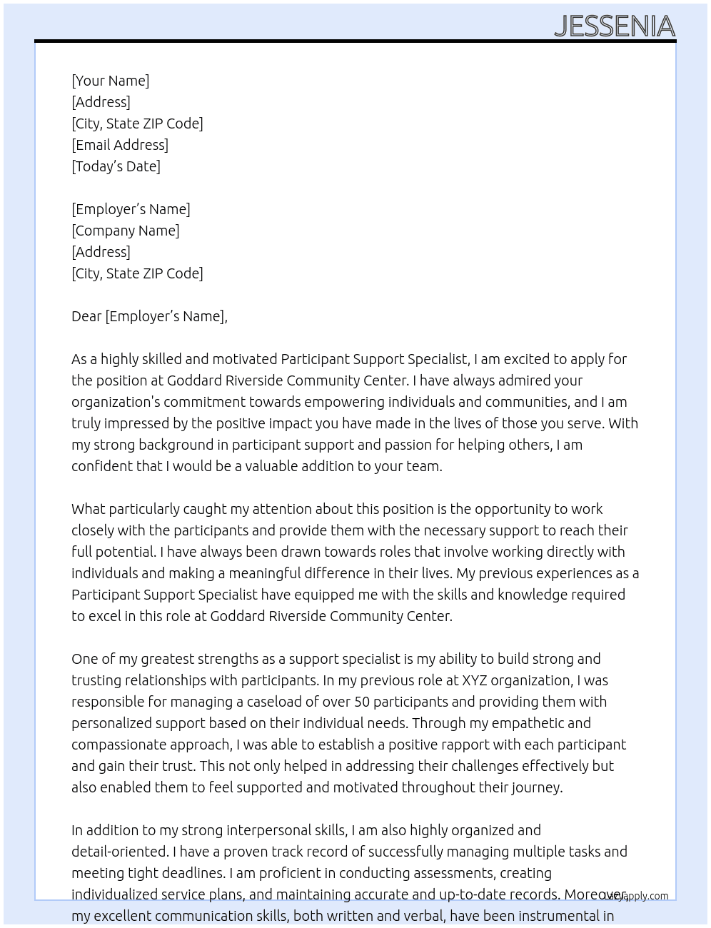 Participant Support Specialist At Goddard Riverside Community Center Cover Letter