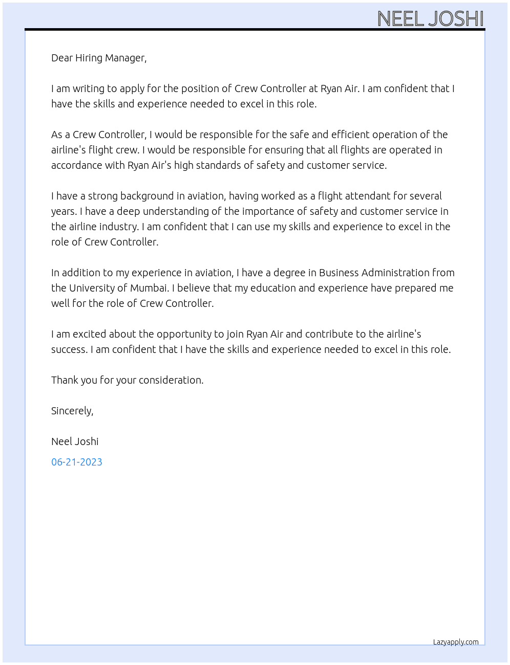 CREW CONTROLLER At RYAN AIR  Cover Letter
