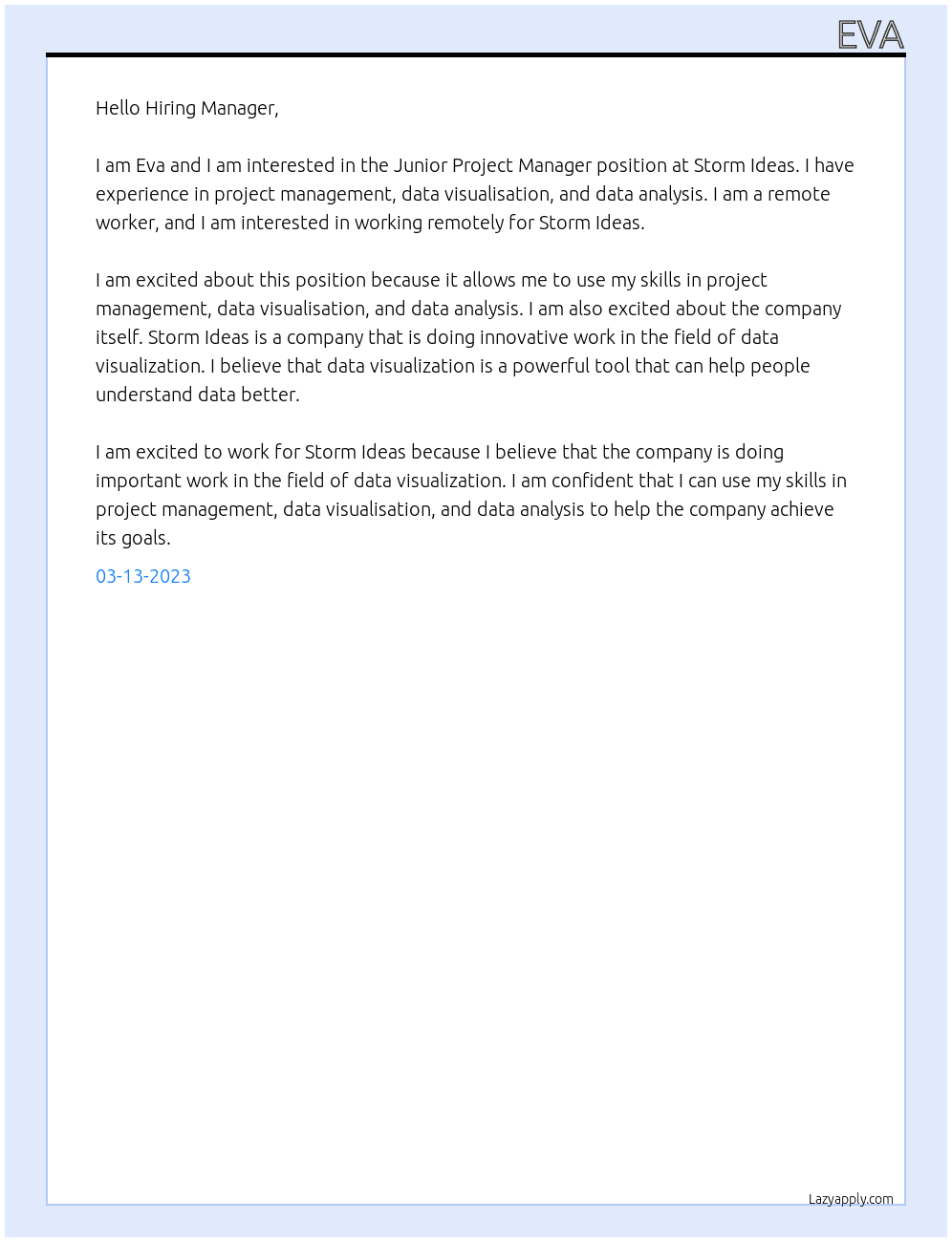 Junior project manager At Storm Ideas Cover Letter