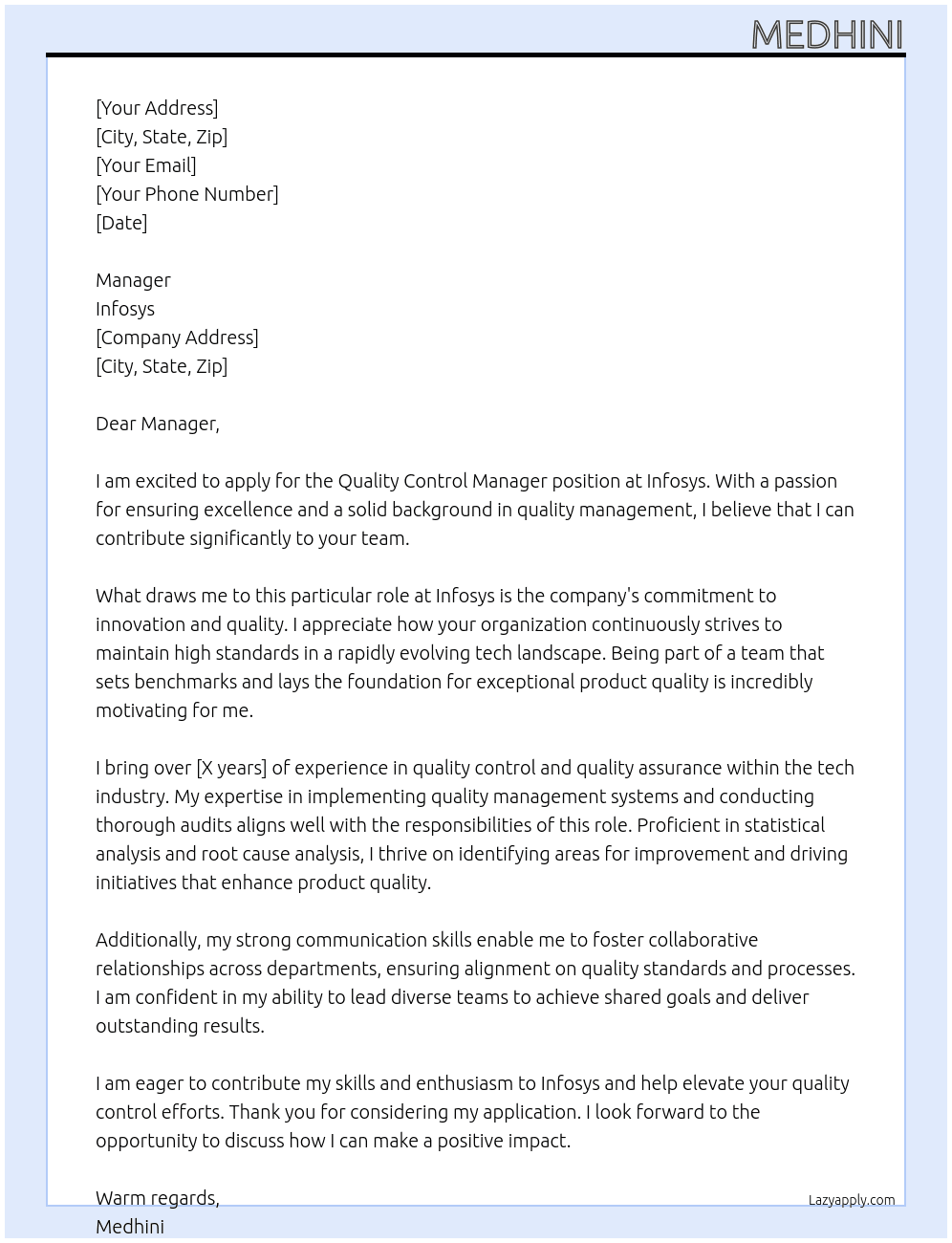 Cover letter for quality control manager - LazyApply