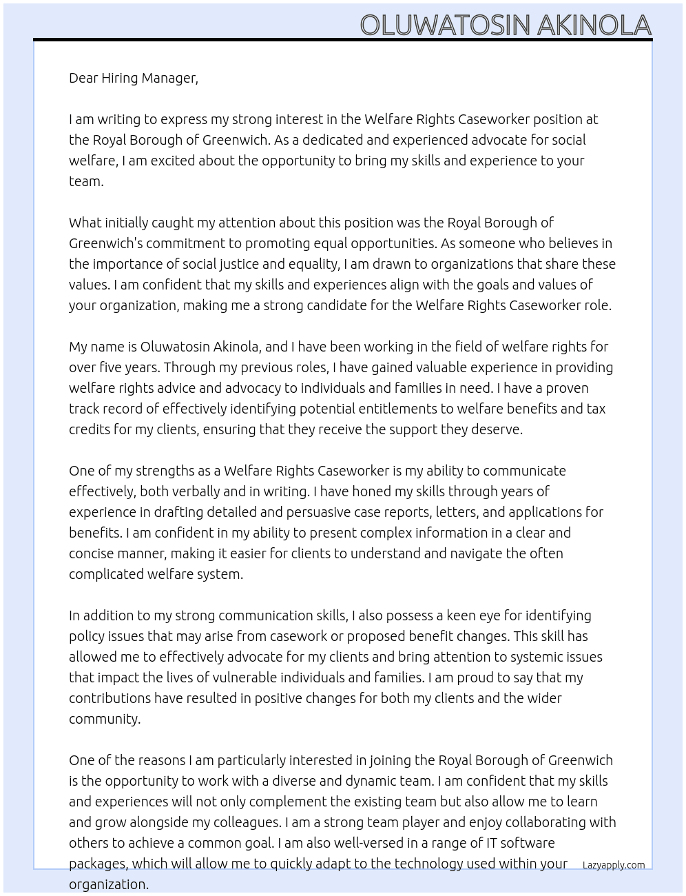 WELFARE RIGHTS CASEWORKER At ROYAL BOROUGH OF GREENWICH Cover Letter