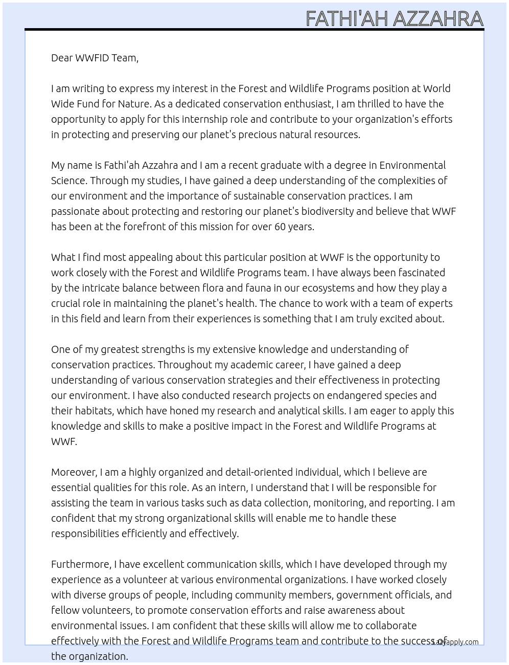 Cover letter for forest and wildlife programs - LazyApply