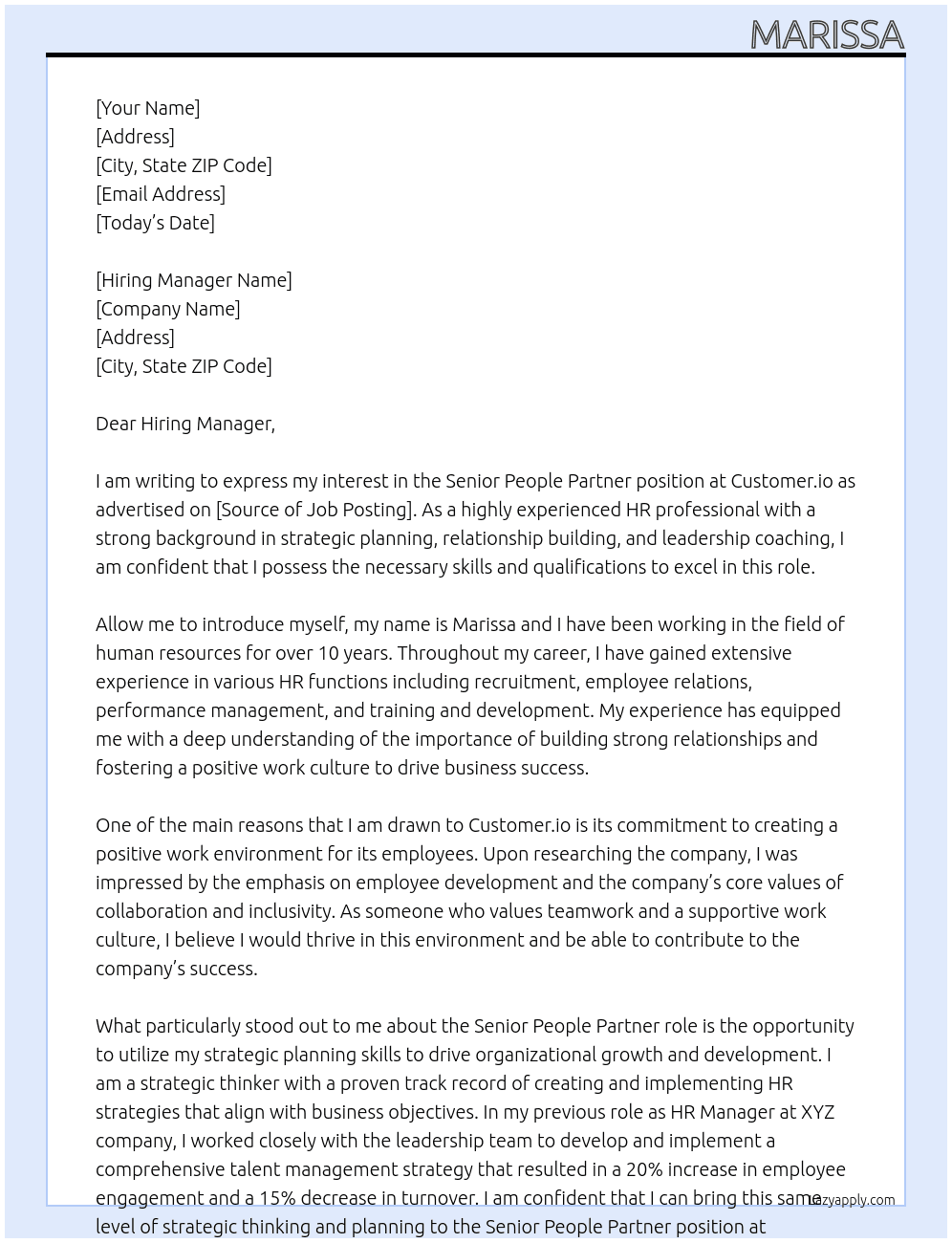 Senior People Partner At Customer.io Cover Letter