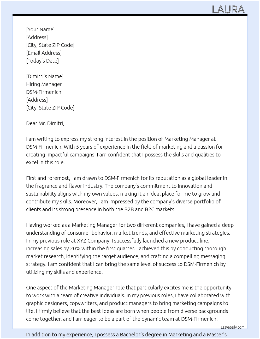 Marketing Manager At dsm-firmenich Cover Letter