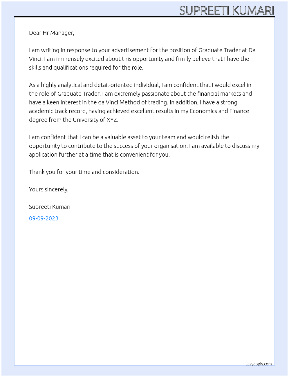 Graduate Trader At Da vinci Cover Letter